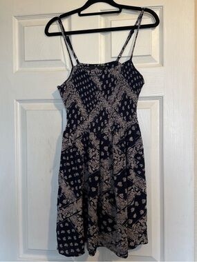 Angie Navy Blue & Cream Printed Spaghetti Strap Mini Dress